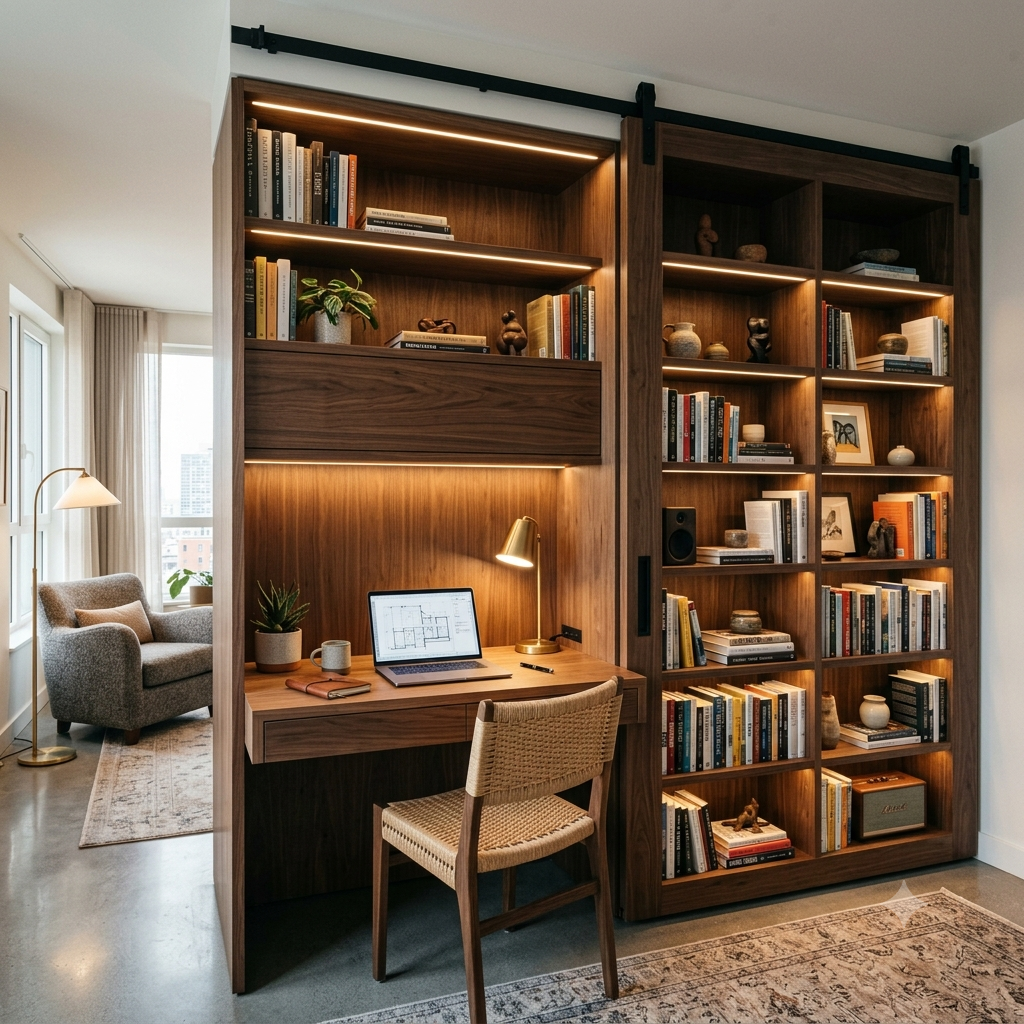 Sliding bookshelf room divider with integrated desk, a freestanding architectural element that slides across tracks to reconfigure rooms on demand while concealing a pull-out workstation within its central cavity